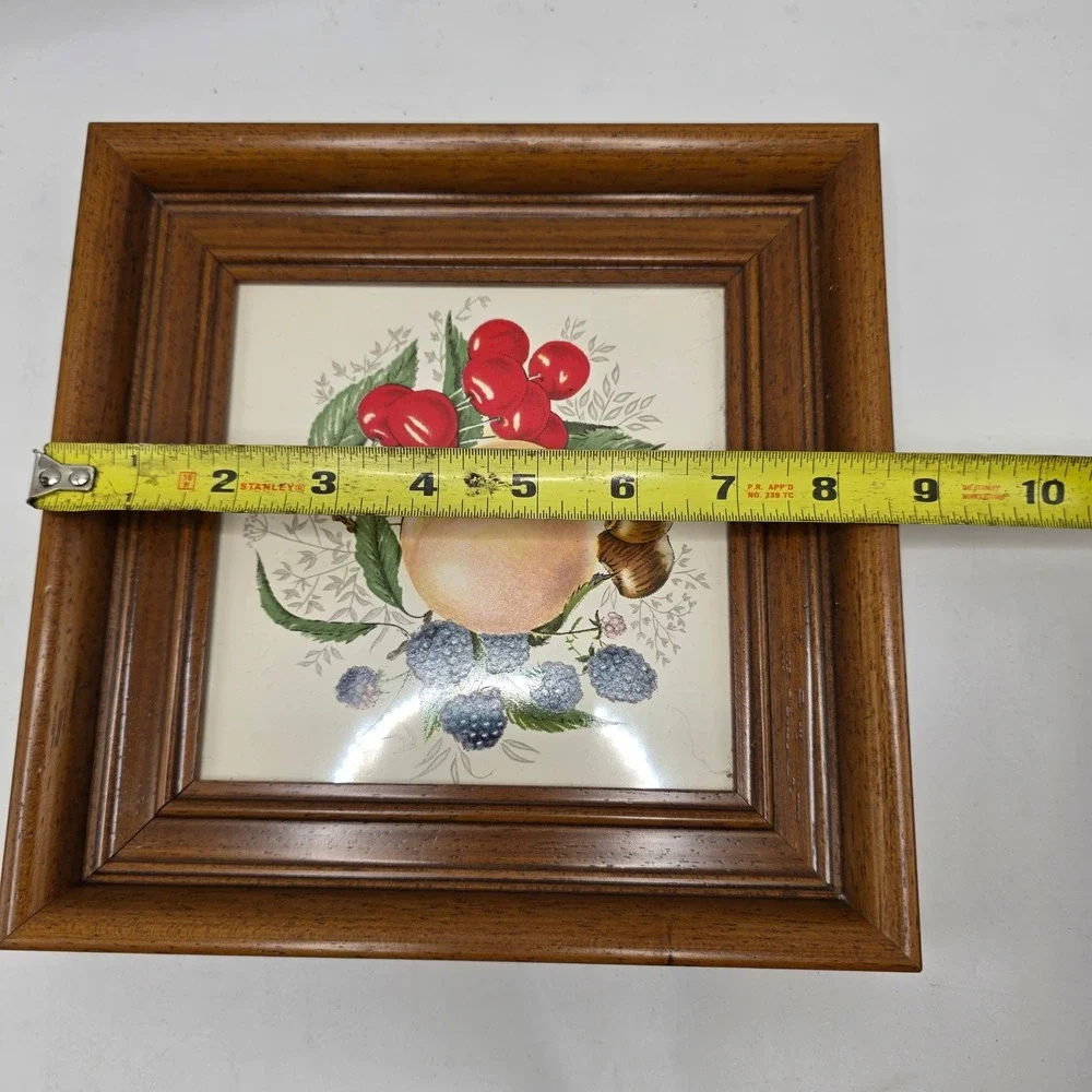 Vintage Framed Fruit Ceramic Tile Art Brown Wood Square Kitchen Still Life Decor